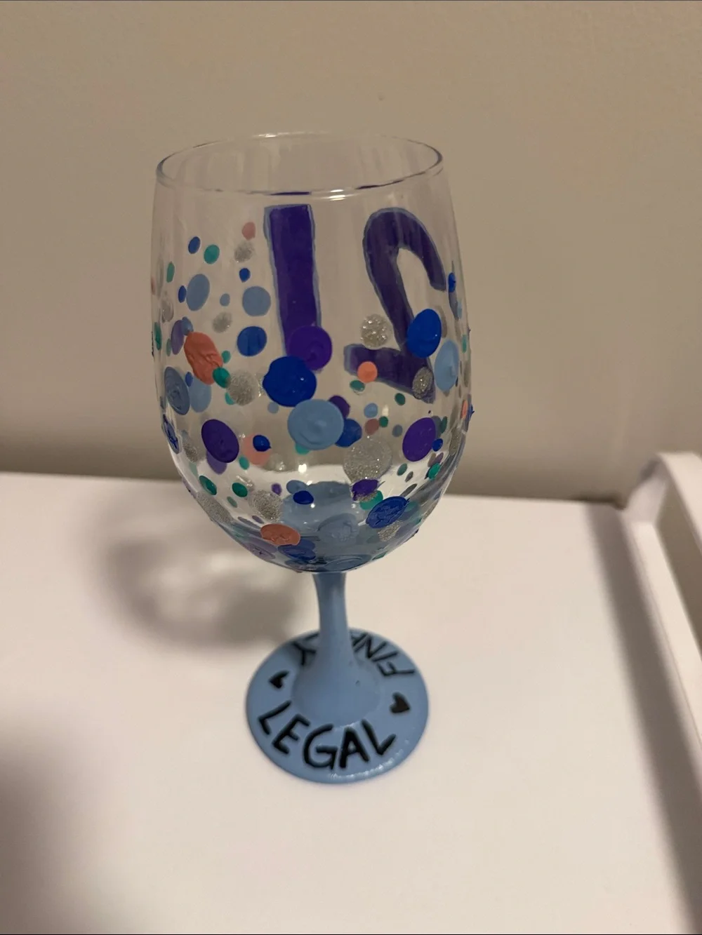 Hand-Painted 21st Birthday Wine Glass - Blue and Purple